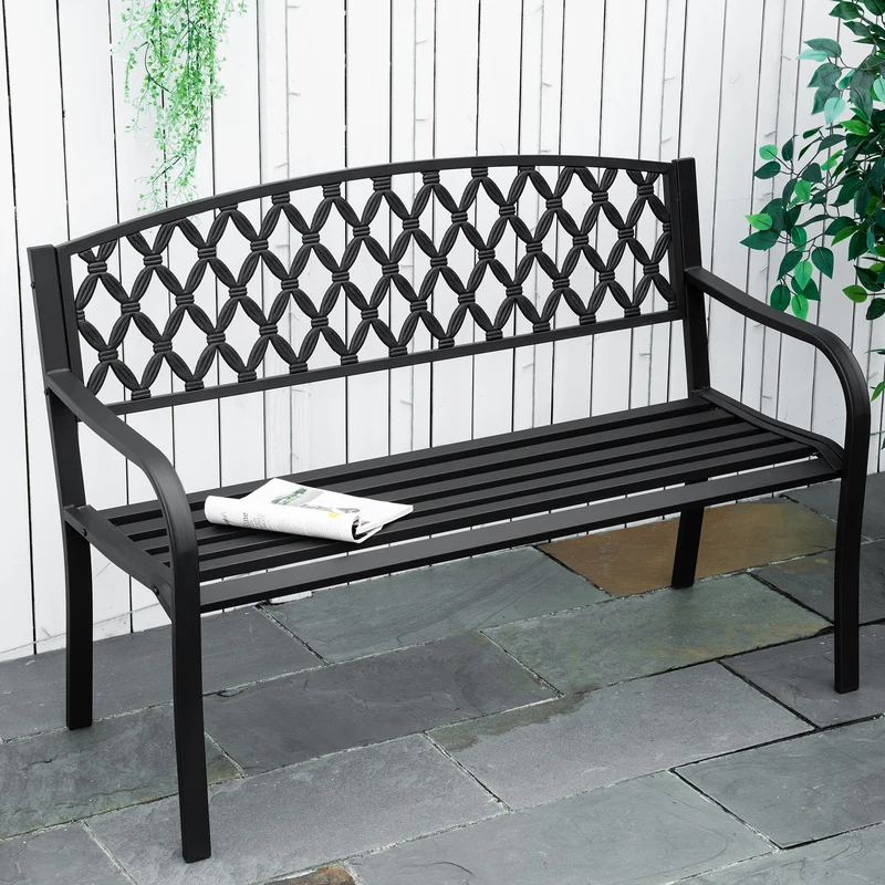 Outsunny Banco de Jardín de 2 Plazas con Respaldo Decorativo y Reposabrazos para Terraza Balcón Patio Exterior Carga 240 kg Hierro Fundido y Acero 128x58,5x89 cm Negro
