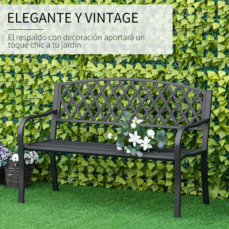 Outsunny Banco de Jardín de 2 Plazas con Respaldo Decorativo y Reposabrazos para Terraza Balcón Patio Exterior Carga 240 kg Hierro Fundido y Acero 128x58,5x89 cm Negro
