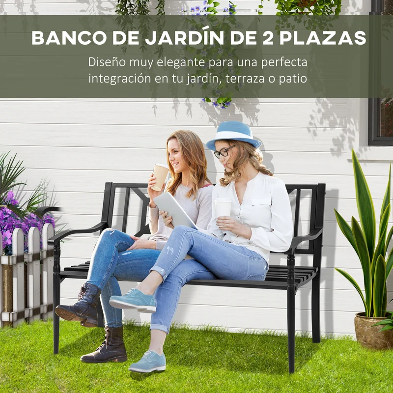 Outsunny Banco de Jardín de 2 Plazas Banco Exterior de Acero con Reposabrazos y Respaldo Decorativo para Terraza Balcón Patio Carga 240 kg 128x62,5x81,5 cm Negro