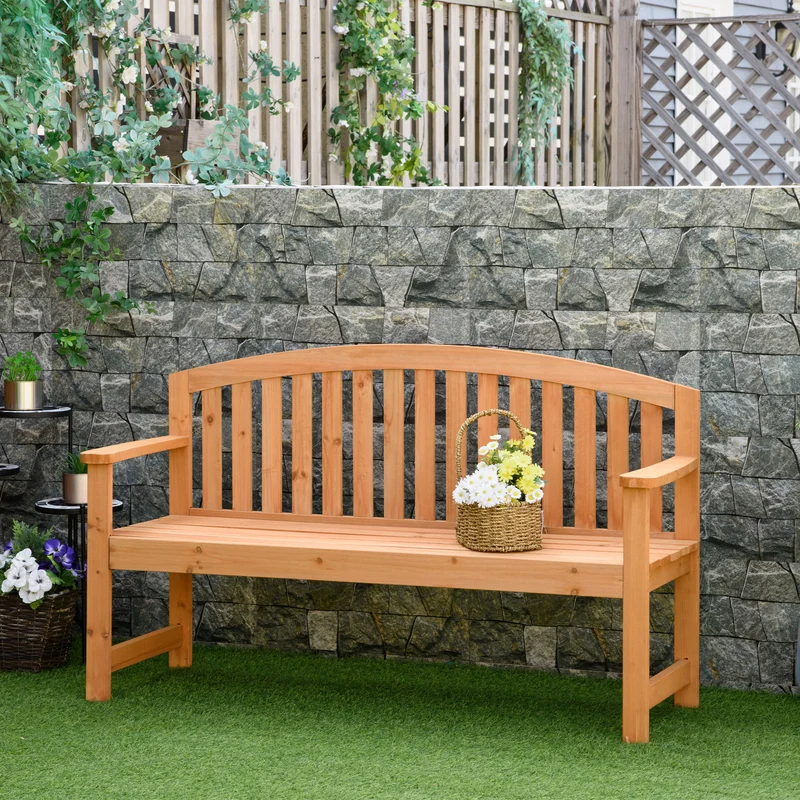 Outsunny Banco de Jardín de 2 Plazas Banco Listones de Madera con Respaldo y Reposabrazos para Terraza Balcón Patio Exterior Carga 320 kg 140x50x85 cm Natural