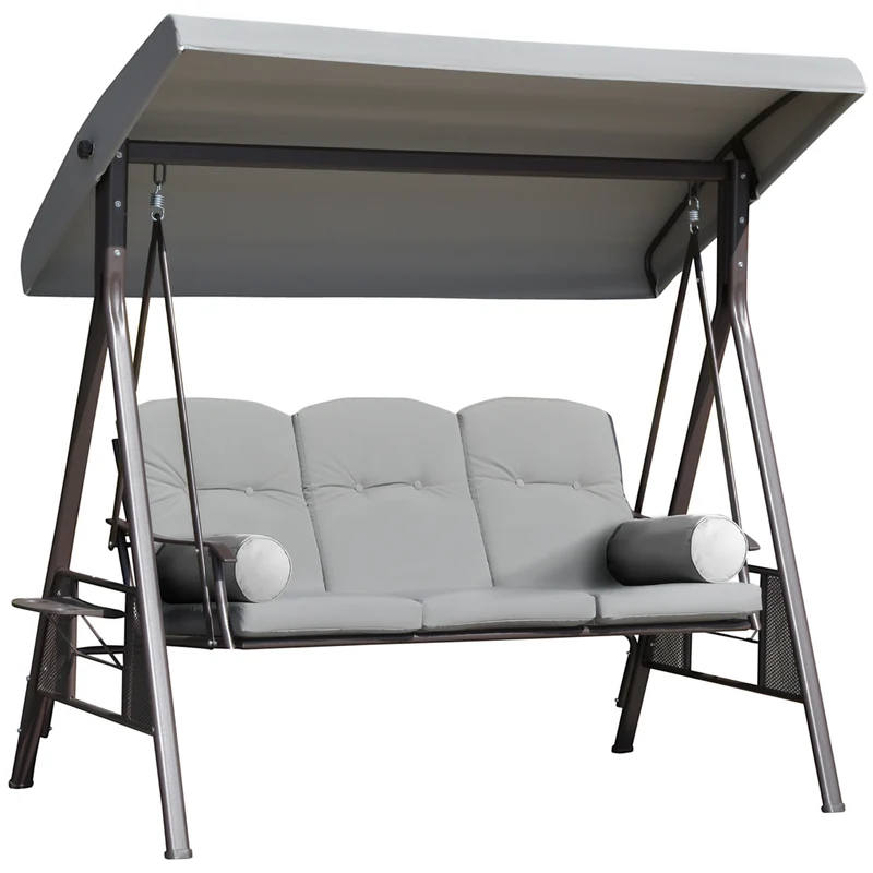 Outsunny Balancín de Jardín Exterior de 3 Plazas Columpio de Jardín Exterior con Toldo Ajustable Bandejas Laterales 2 Almohadas y Marco de Metal Carga 360 kg 206x116x183 cm Gris