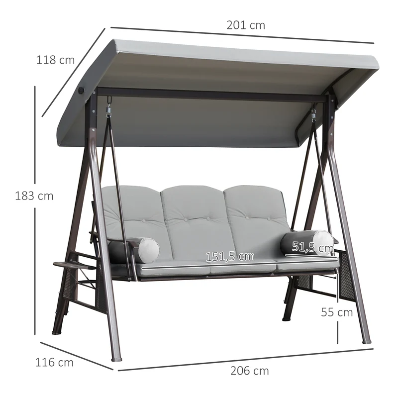 Outsunny Balancín de Jardín Exterior de 3 Plazas Columpio de Jardín Exterior con Toldo Ajustable Bandejas Laterales 2 Almohadas y Marco de Metal Carga 360 kg 206x116x183 cm Gris