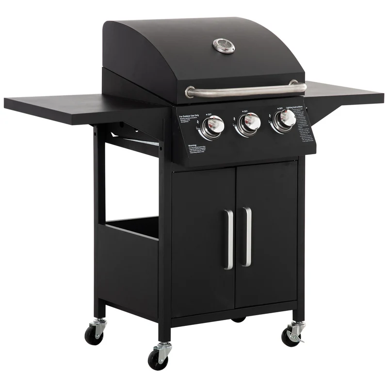 Outsunny Barbacoa de Gas con 3 Quemadores 8,7 KW Termómetro Parrilla de Gas con 2 Mesas Laterales Armario de 2 Puertas 4 Ruedas y Frenos Acero al Carbono para BBQ 121x55x109 cm Negro