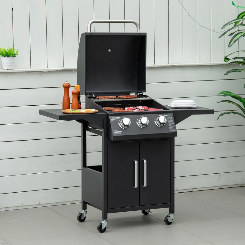Outsunny Barbacoa de Gas con 3 Quemadores 8,7 KW Termómetro Parrilla de Gas con 2 Mesas Laterales Armario de 2 Puertas 4 Ruedas y Frenos Acero al Carbono para BBQ 121x55x109 cm Negro