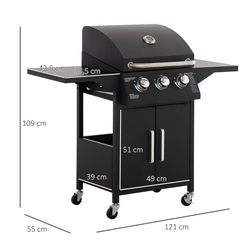 Outsunny Barbacoa de Gas con 3 Quemadores 8,7 KW Termómetro Parrilla de Gas con 2 Mesas Laterales Armario de 2 Puertas 4 Ruedas y Frenos Acero al Carbono para BBQ 121x55x109 cm Negro