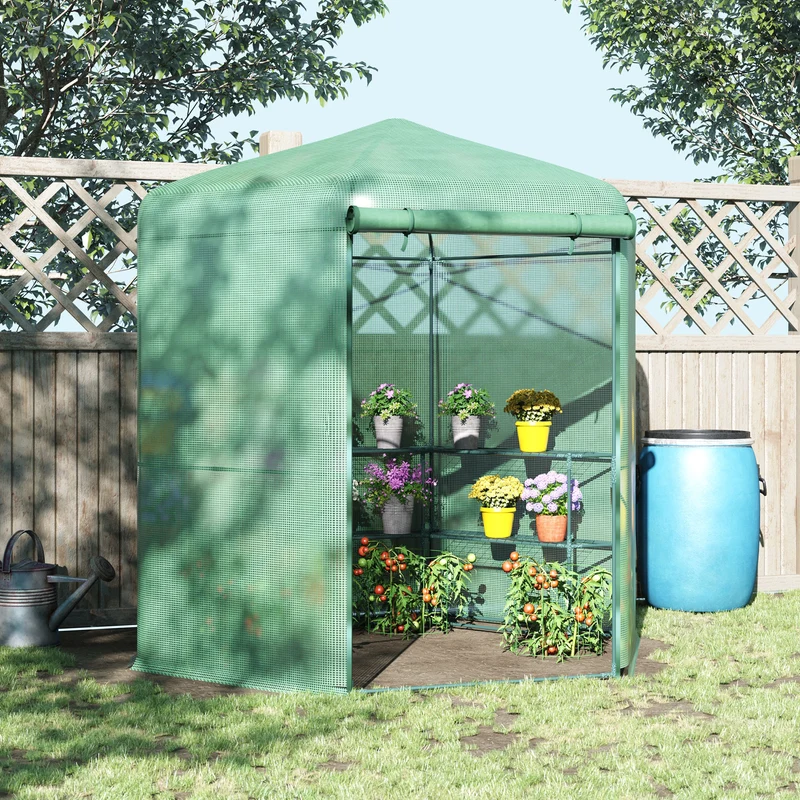 Outsunny Invernadero de Jardín Hexágono 194x194x215 cm Vivero Casero con 6 Estantes Puerta Enrollable y Marco de Acero Galvanizado para Cultivos Plantas Macetas Flores Verde