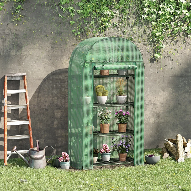 Outsunny Invernadero de Jardín con 4 Estantes Metálicos Puerta Enrollable y Cubierta de PE Vivero Casero de Terraza para Cultivo Plantas Flores Macetas 80x49x160 cm Verde