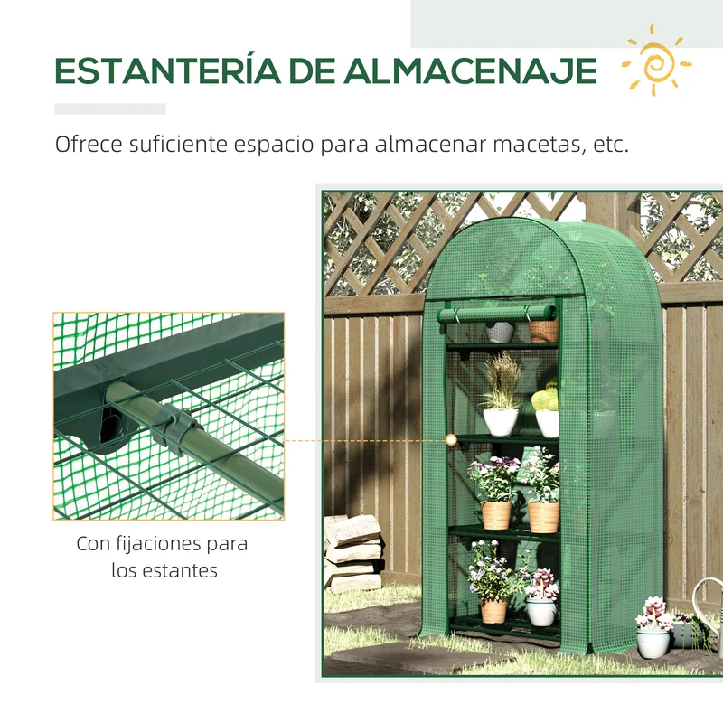 Outsunny Invernadero de Jardín con 4 Estantes Metálicos Puerta Enrollable y Cubierta de PE Vivero Casero de Terraza para Cultivo Plantas Flores Macetas 80x49x160 cm Verde