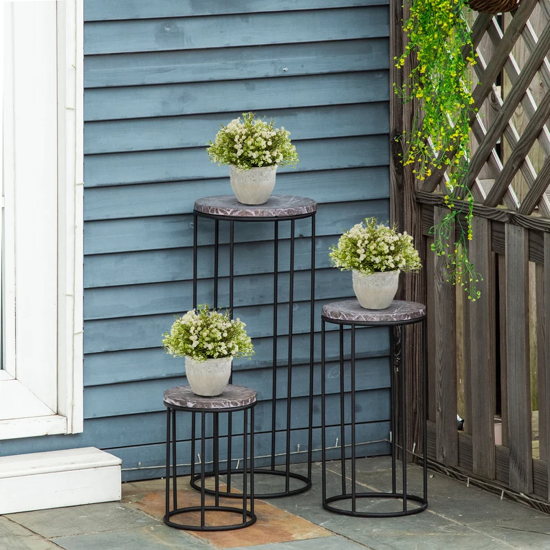 Outsunny Soportes para Plantas de Metal 3 Piezas Apilables Estantes Porta Macetas Decorativos con Efecto de Mármol para Interiores y Exteriores Ø30,5x70,5 cm Gris y Negro