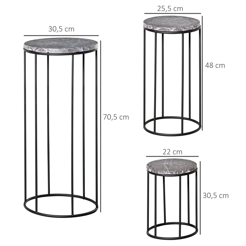 Outsunny Soportes para Plantas de Metal 3 Piezas Apilables Estantes Porta Macetas Decorativos con Efecto de Mármol para Interiores y Exteriores Ø30,5x70,5 cm Gris y Negro