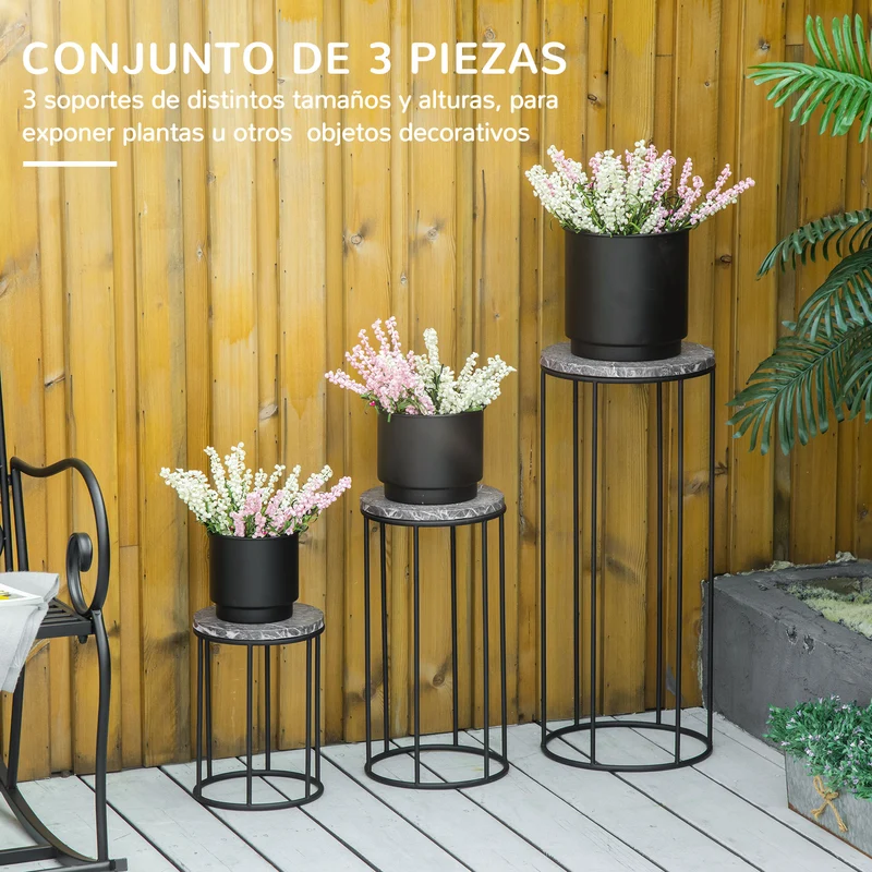 Outsunny Soportes para Plantas de Metal 3 Piezas Apilables Estantes Porta Macetas Decorativos con Efecto de Mármol para Interiores y Exteriores Ø30,5x70,5 cm Gris y Negro