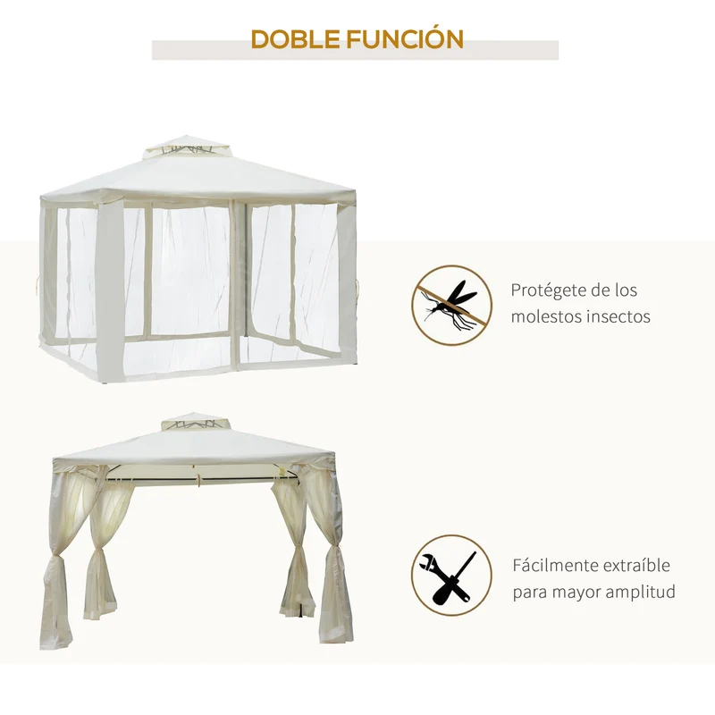 Outsunny Cenador de Jardín 3x3 m Pabellón de Exterior con Doble Techo de Ventilación 4 Cortinas Mosquiteras Laterales con Cremallera 8 Orificios de Drenaje Gazebo para Fiestas Patio Crema