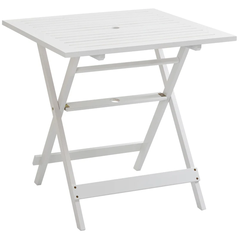 Outsunny Mesa de Jardín Plegable Mesa de Exterior de Madera 70x70x70 cm con Agujero para Sombrilla para Camping Viaje Pícnic Terraza Balcón Blanco