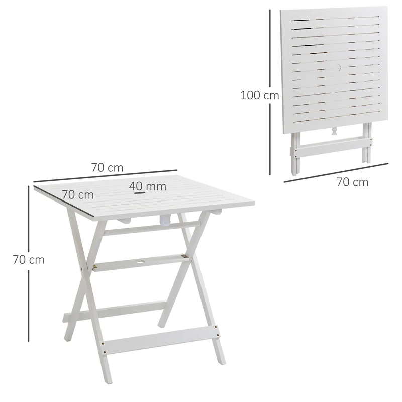 Outsunny Mesa de Jardín Plegable Mesa de Exterior de Madera 70x70x70 cm con Agujero para Sombrilla para Camping Viaje Pícnic Terraza Balcón Blanco