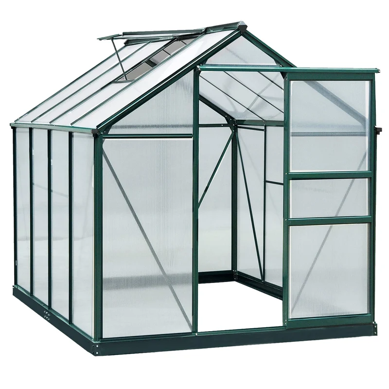 Outsunny Invernadero de Jardín 2x2,5 m Policarbonato y Aluminio Vivero Casero con Tragaluz Protección UV30 y Base 4,79 m² para Macetas Cultivo Plantas Flores Transparente
