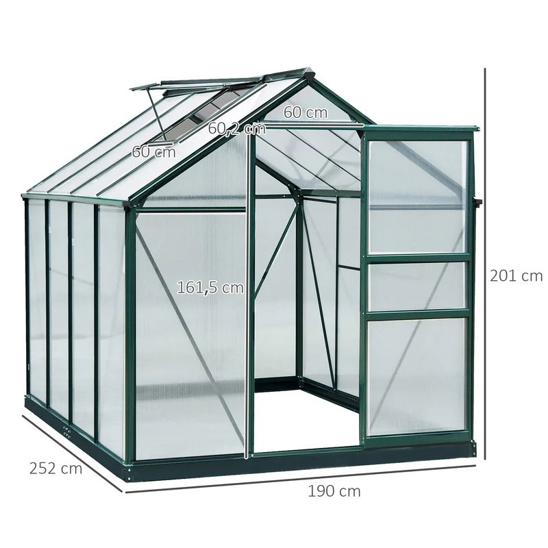 Outsunny Invernadero de Jardín 2x2,5 m Policarbonato y Aluminio Vivero Casero con Tragaluz Protección UV30 y Base 4,79 m² para Macetas Cultivo Plantas Flores Transparente