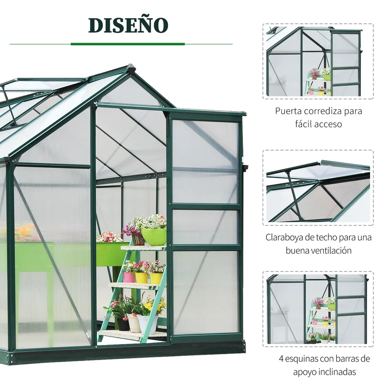 Outsunny Invernadero de Jardín 2x2,5 m Policarbonato y Aluminio Vivero Casero con Tragaluz Protección UV30 y Base 4,79 m² para Macetas Cultivo Plantas Flores Transparente