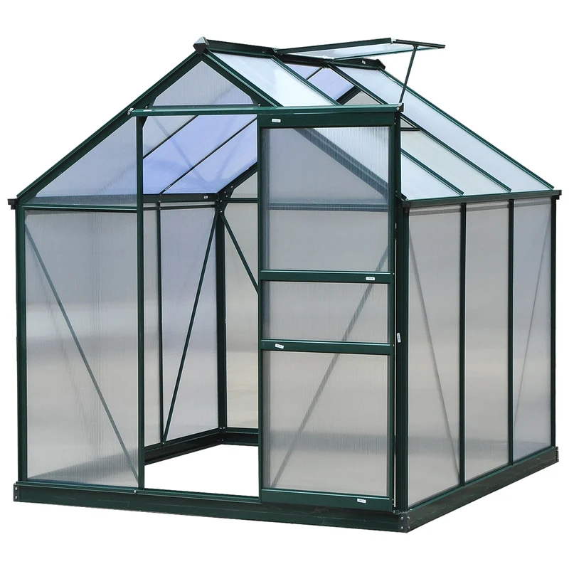 Outsunny Invernadero de Jardín 2x2 m Policarbonato y Aluminio Vivero Casero con Tragaluz Protección UV30 y Base 3,65 m² para Macetas Cultivo Plantas Flores Transparente