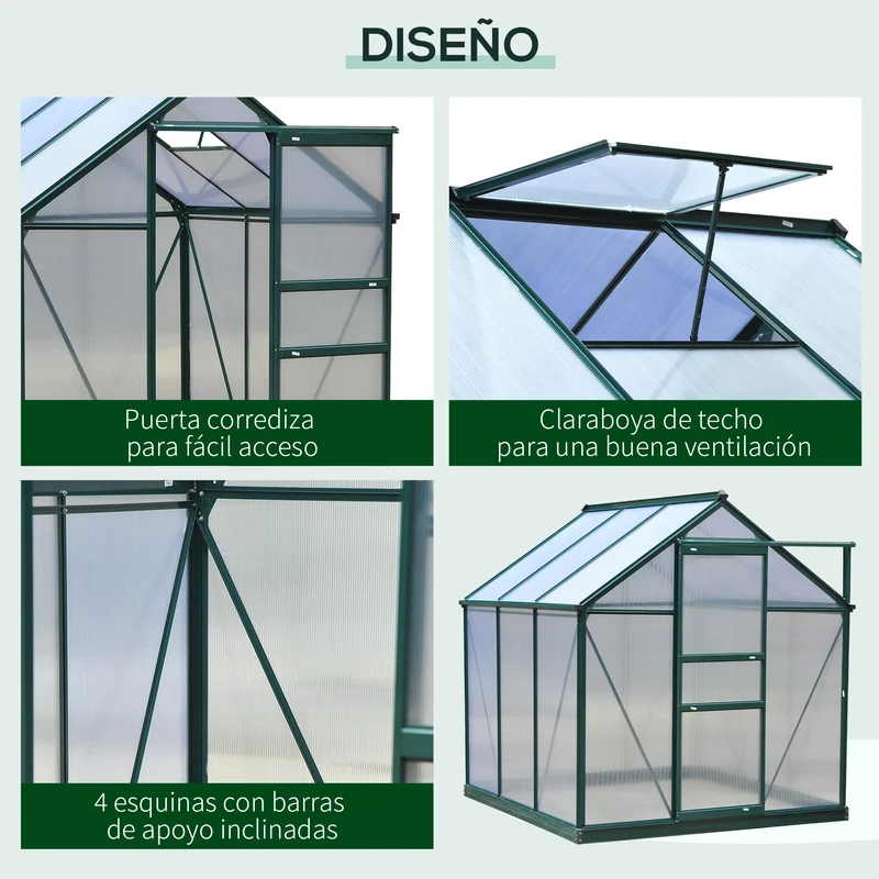 Outsunny Invernadero de Jardín 2x2 m Policarbonato y Aluminio Vivero Casero con Tragaluz Protección UV30 y Base 3,65 m² para Macetas Cultivo Plantas Flores Transparente