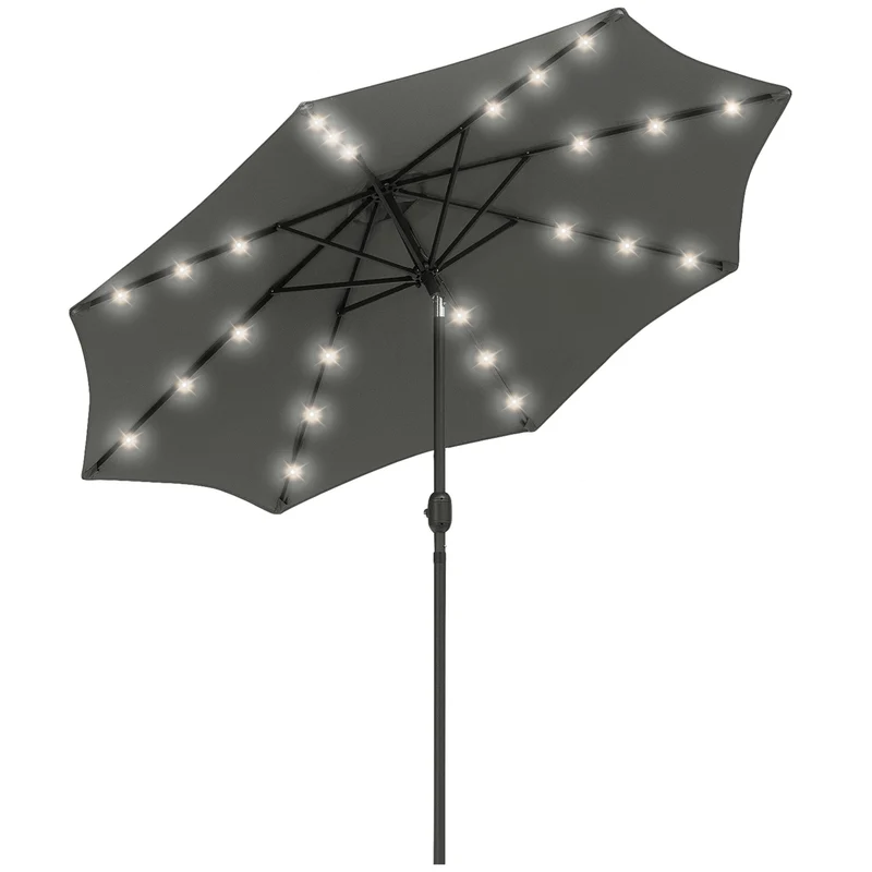 Outsunny Sombrilla de Jardín Ø268x238 cm Parasol de Terraza con 24 Luces LED Solar Mecanismo de Inclinación Manivela y Poste Desmontable de Metal para Piscina Patio Gris