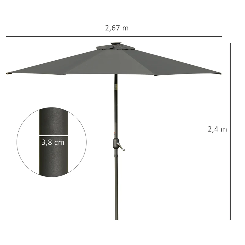 Outsunny Sombrilla de Jardín Ø268x238 cm Parasol de Terraza con 24 Luces LED Solar Mecanismo de Inclinación Manivela y Poste Desmontable de Metal para Piscina Patio Gris