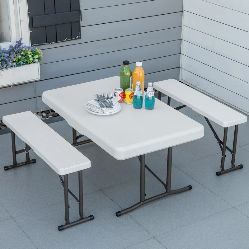 Outsunny Conjunto Mesa y 2 Bancos Plegables de Jardín Muebles para Camping Picnic Multiusos Mesa de 103x63x76 cm y Asiento de 84,5x20x40 cm Blanco