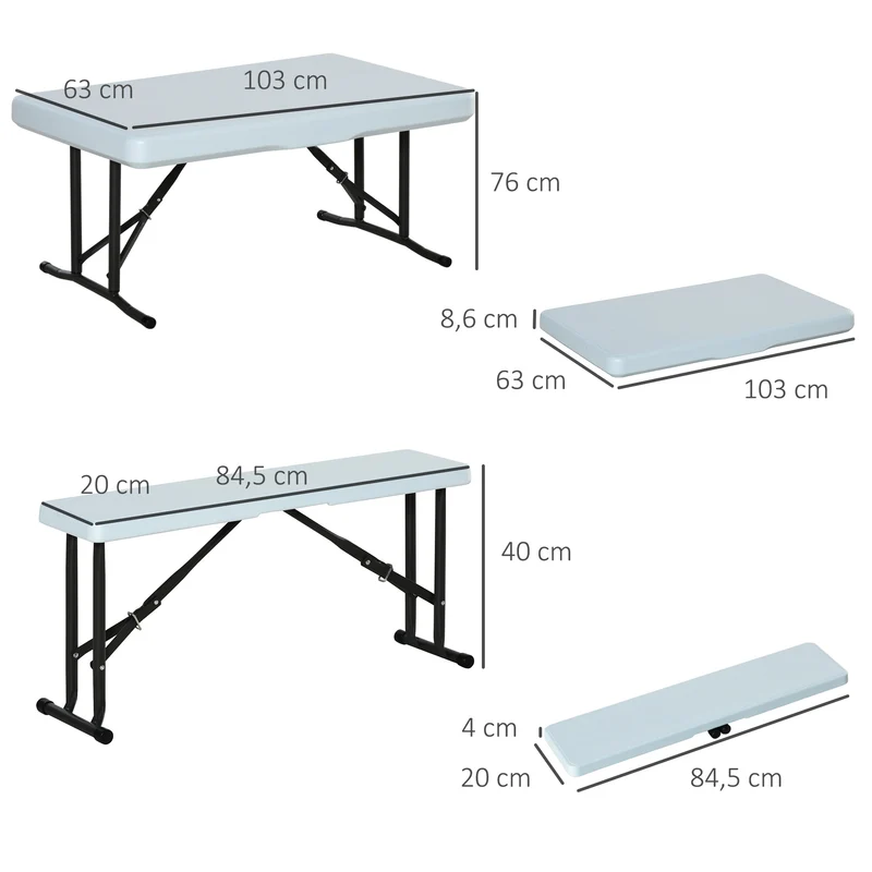 Outsunny Conjunto Mesa y 2 Bancos Plegables de Jardín Muebles para Camping Picnic Multiusos Mesa de 103x63x76 cm y Asiento de 84,5x20x40 cm Blanco