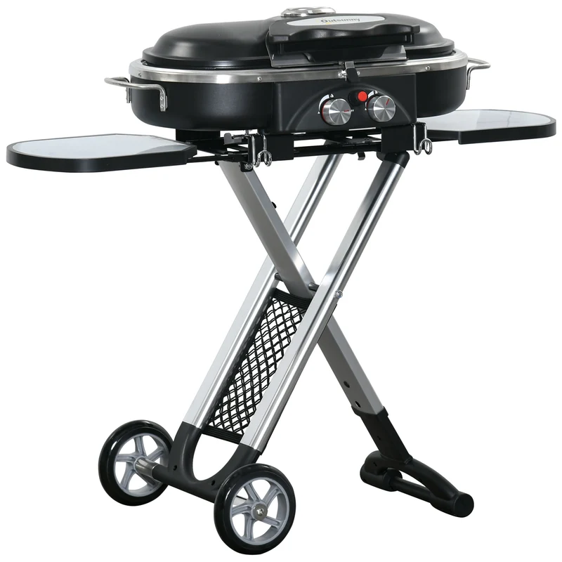 Outsunny Barbacoa de Gas 2,34 KW con 2 Quemadores Termómetro Parillas de Gas Plegable Portátil con 2 Ruedas y 2 Mesas Correderas para BBQ Camping 100x41,6x82,5 cm Negro y Plata