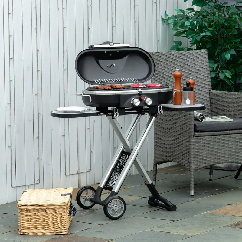 Outsunny Barbacoa de Gas 2,34 KW con 2 Quemadores Termómetro Parillas de Gas Plegable Portátil con 2 Ruedas y 2 Mesas Correderas para BBQ Camping 100x41,6x82,5 cm Negro y Plata