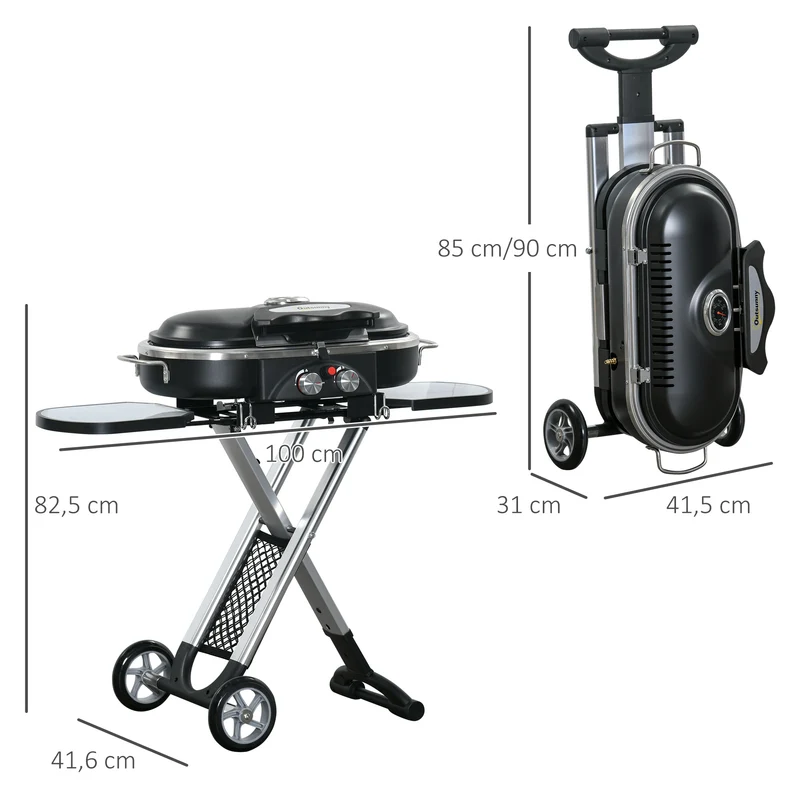 Outsunny Barbacoa de Gas 2,34 KW con 2 Quemadores Termómetro Parillas de Gas Plegable Portátil con 2 Ruedas y 2 Mesas Correderas para BBQ Camping 100x41,6x82,5 cm Negro y Plata