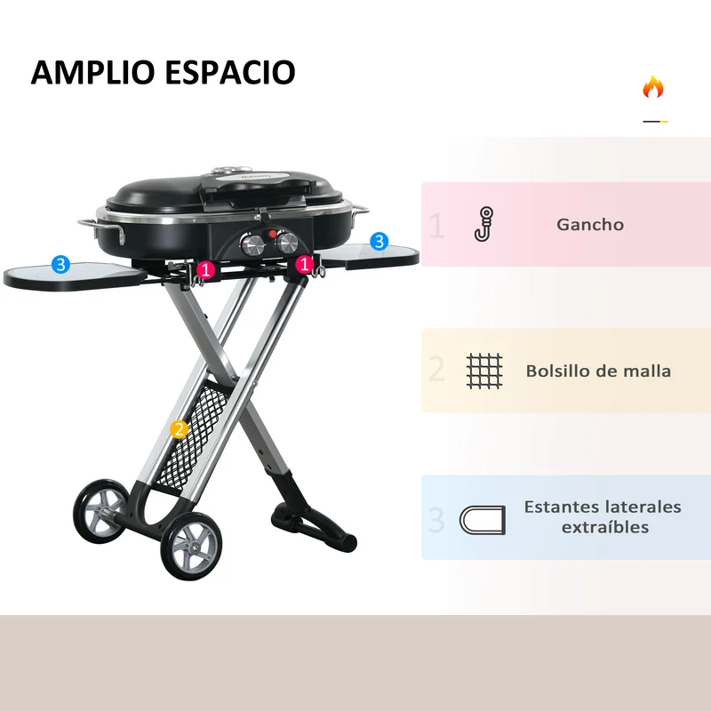Outsunny Barbacoa de Gas 2,34 KW con 2 Quemadores Termómetro Parillas de Gas Plegable Portátil con 2 Ruedas y 2 Mesas Correderas para BBQ Camping 100x41,6x82,5 cm Negro y Plata