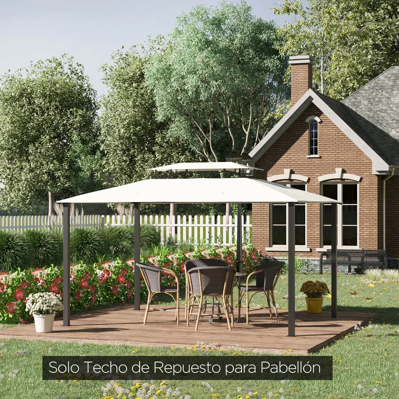 Outsunny Techo de Repuesto 4x3 m para Cenador de Jardín 2 Niveles Transpirable con 8 Orificios de Drenaje Cubierta Superior de Reemplazo para Pabellón Gazebo Exterior Beige
