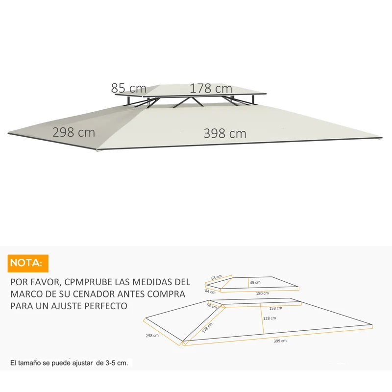 Outsunny Techo de Repuesto 4x3 m para Cenador de Jardín 2 Niveles Transpirable con 8 Orificios de Drenaje Cubierta Superior de Reemplazo para Pabellón Gazebo Exterior Beige