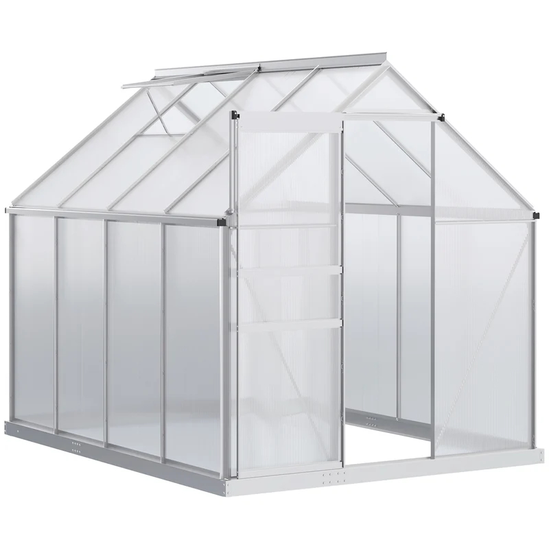 Outsunny Invernadero Policarbonato Aluminio de Jardín 190x253x199 cm 4,8m² Caseta de Exterior con Base Puerta Corredera y Tragaluce para Cultivo Plantas Semillas Transparente