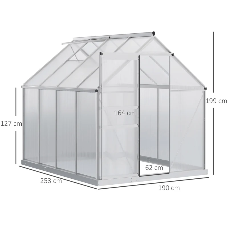 Outsunny Invernadero Policarbonato Aluminio de Jardín 190x253x199 cm 4,8m² Caseta de Exterior con Base Puerta Corredera y Tragaluce para Cultivo Plantas Semillas Transparente