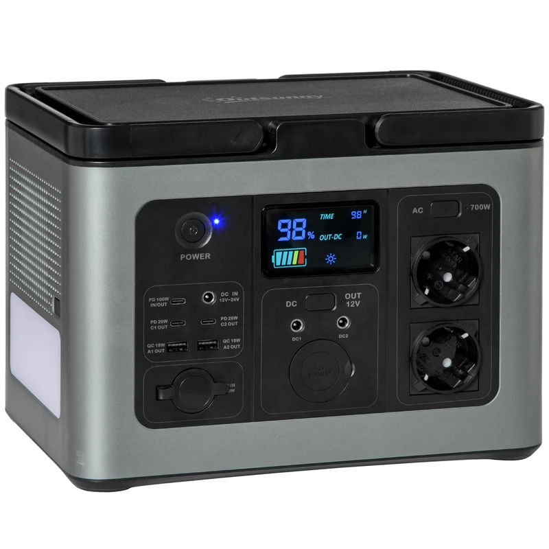 Outsunny Estación de Energía Portátil con Batería LiFeP04 de 614,4 Wh Salidas de AC Type-C USB Generador Eléctrico con Linterna LED de 2 Modos Pantalla LCD para Viaje Emergencia Camping 29x20,5x21 cm