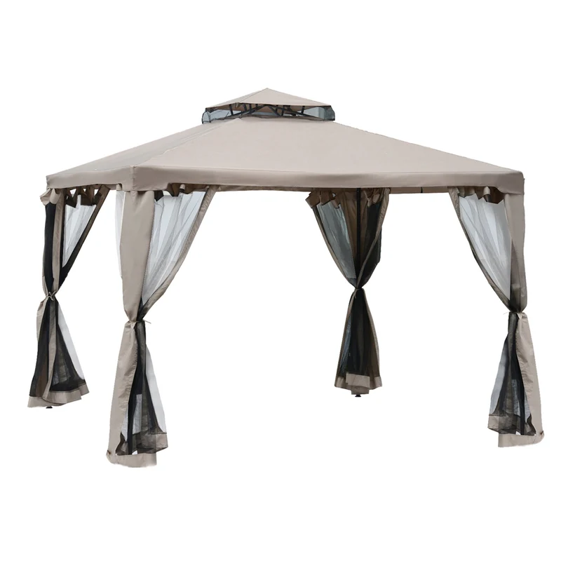 Outsunny Cenador de Jardín 3x3 m Pabellón de Exterior con Doble Techo de Ventilación 4 Cortinas Mosquiteras Laterales con Cremallera 8 Orificios de Drenaje Gazebo para Fiestas Patio Marrón Pardo
