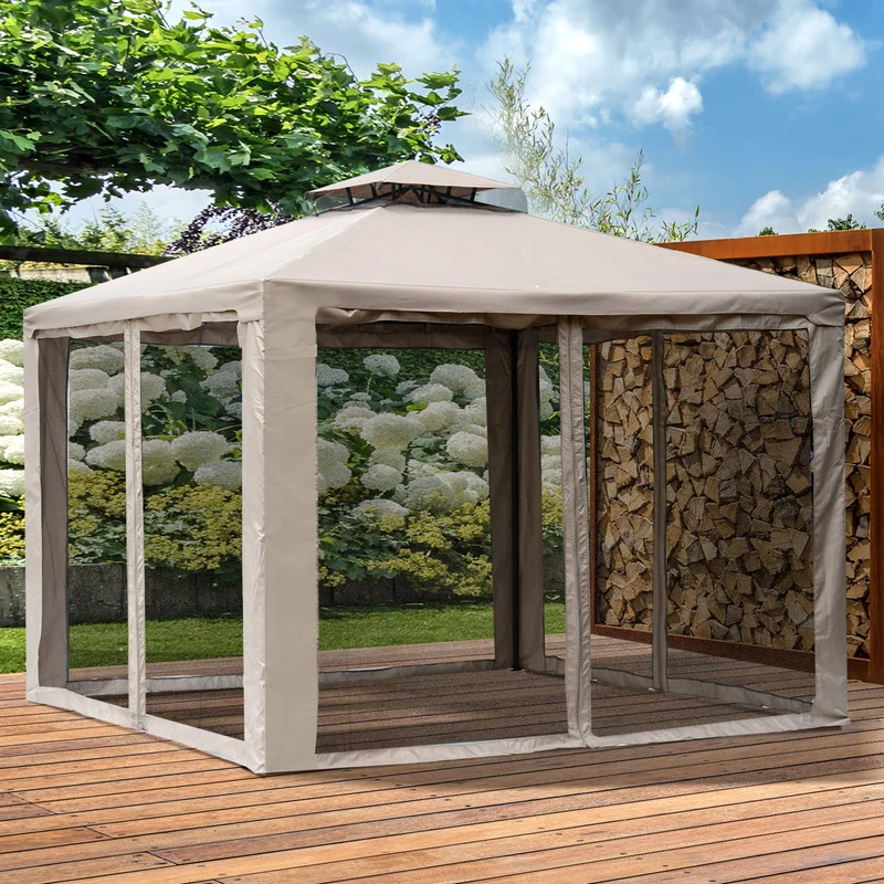 Outsunny Cenador de Jardín 3x3 m Pabellón de Exterior con Doble Techo de Ventilación 4 Cortinas Mosquiteras Laterales con Cremallera 8 Orificios de Drenaje Gazebo para Fiestas Patio Marrón Pardo