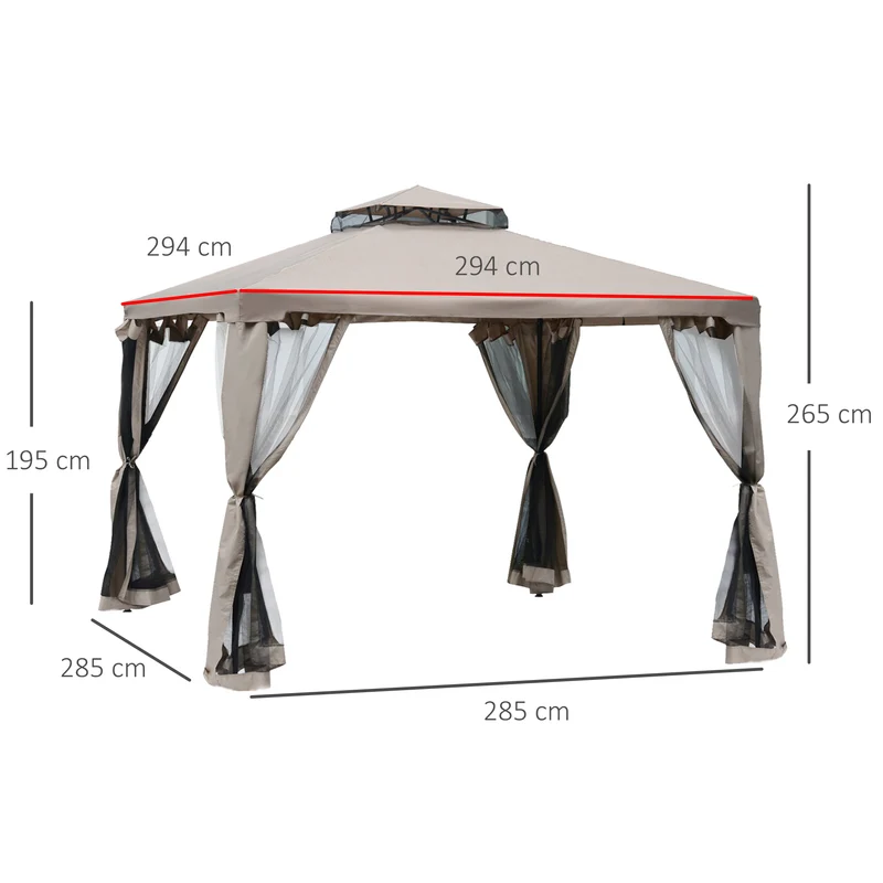 Outsunny Cenador de Jardín 3x3 m Pabellón de Exterior con Doble Techo de Ventilación 4 Cortinas Mosquiteras Laterales con Cremallera 8 Orificios de Drenaje Gazebo para Fiestas Patio Marrón Pardo