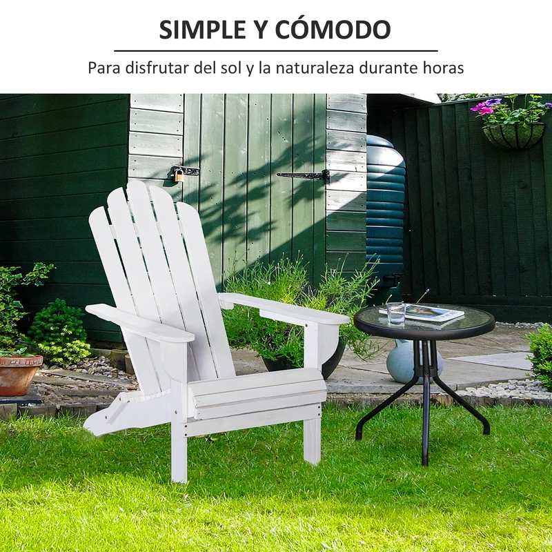 Outsunny Silla Adirondack de Madera Plegable Silla de Jardín con Reposabrazos y Respaldo Alto para Terraza Balcón Exterior Carga Max. 113 kg 73x88x93 cm Blanco