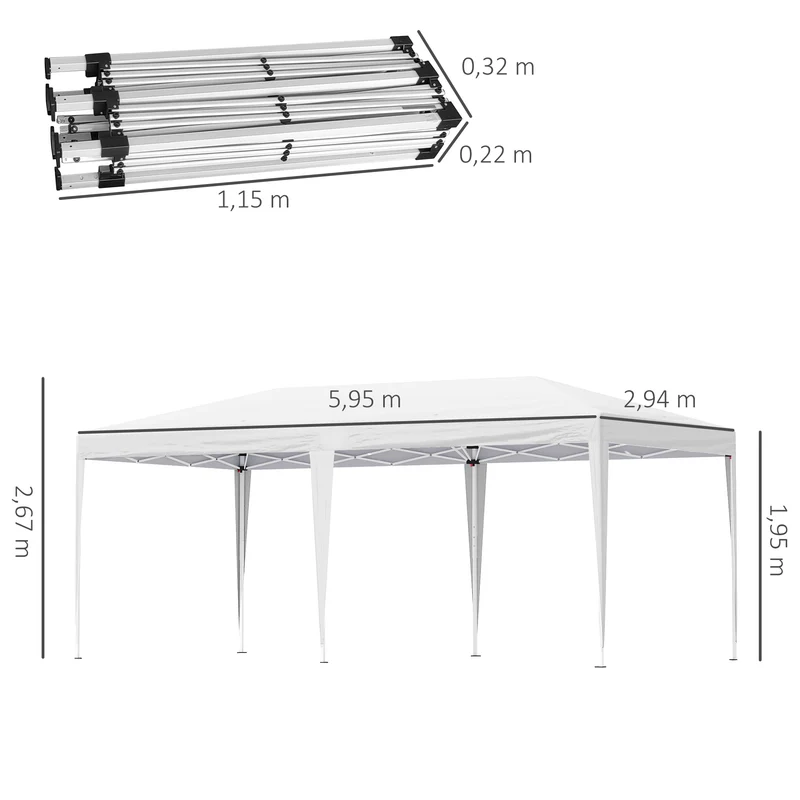 Outsunny Carpa Plegable 6x3 m Cenador de Jardín Gazebo con Altura Ajustable en 3 Niveles Bolsa de Transporte Marco de Acero Anti-UV para Patio Fiestas Camping Blanco