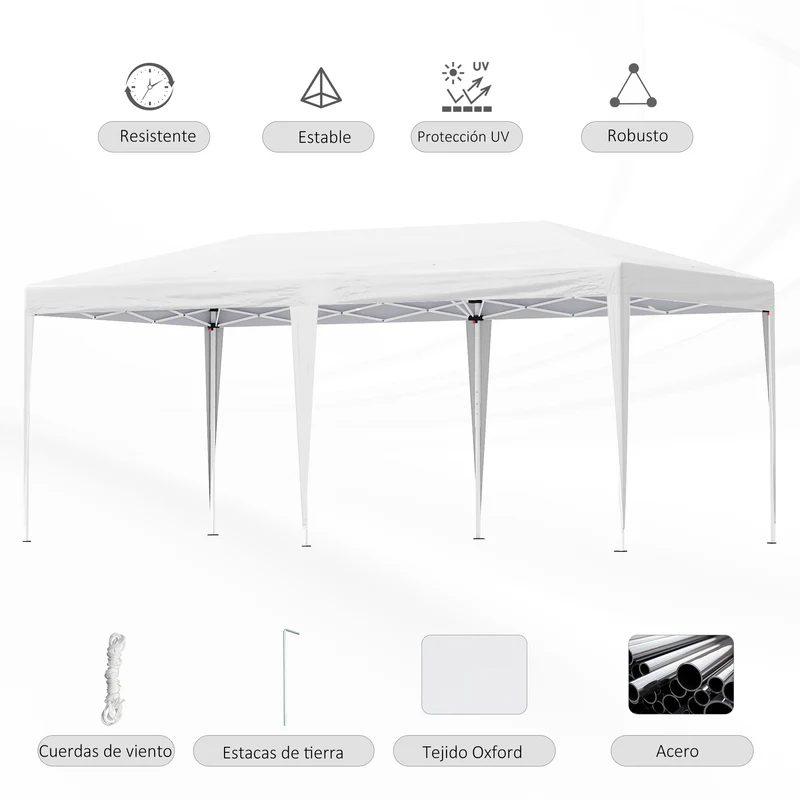 Outsunny Carpa Plegable 6x3 m Cenador de Jardín Gazebo con Altura Ajustable en 3 Niveles Bolsa de Transporte Marco de Acero Anti-UV para Patio Fiestas Camping Blanco