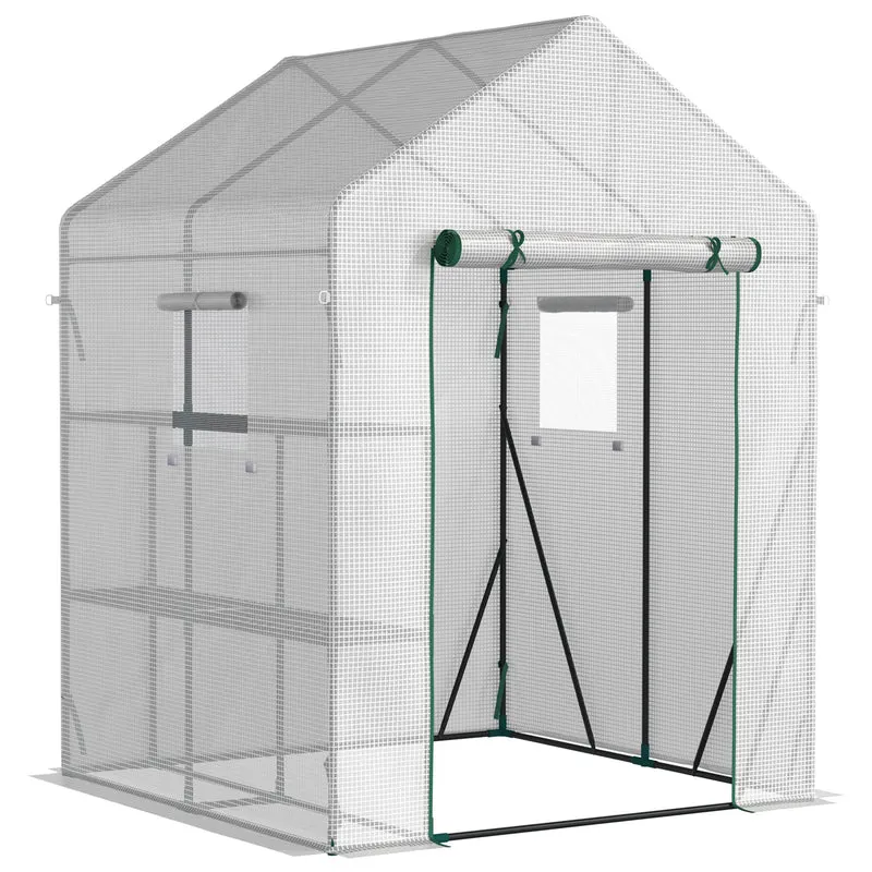 Outsunny Invernadero de Jardín 143x143x195 cm Vivero Casero de Acero con 4 Estantes Puerta y 2 Ventanas Enrollables para Cultivos Plantas Macetas Flores Patio Exterior Blanco