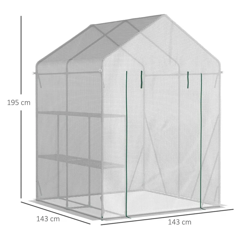 Outsunny Invernadero de Jardín 143x143x195 cm Vivero Casero de Acero con 4 Estantes Puerta y 2 Ventanas Enrollables para Cultivos Plantas Macetas Flores Patio Exterior Blanco