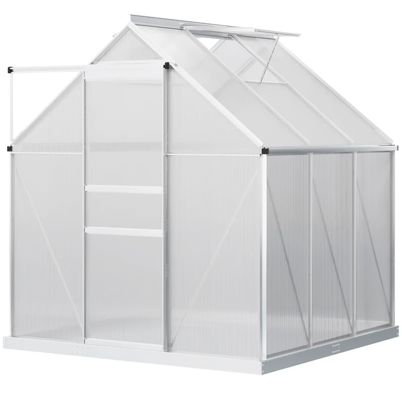 Outsunny Invernadero Policarbonato Aluminio de Jardín 190x190x200 cm 3,6m² Caseta de Exterior con Base Puerta Corredera y 2 Tragaluces para Cultivo Plantas Semillas Transparente