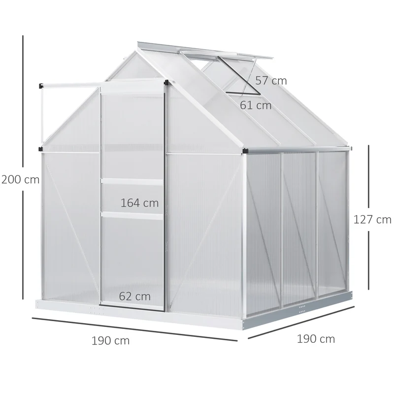 Outsunny Invernadero Policarbonato Aluminio de Jardín 190x190x200 cm 3,6m² Caseta de Exterior con Base Puerta Corredera y 2 Tragaluces para Cultivo Plantas Semillas Transparente