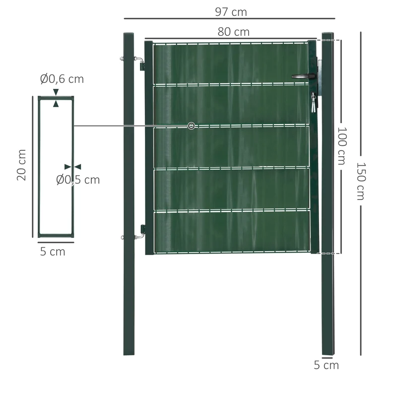 HOMCOM Puerta Verja de Jardín de Acero con Tela Opaca Cerradura Manija y 3 Llaves Puerta de Valla Cerca para Exterior Patio Terraza 97x150 cm Verde