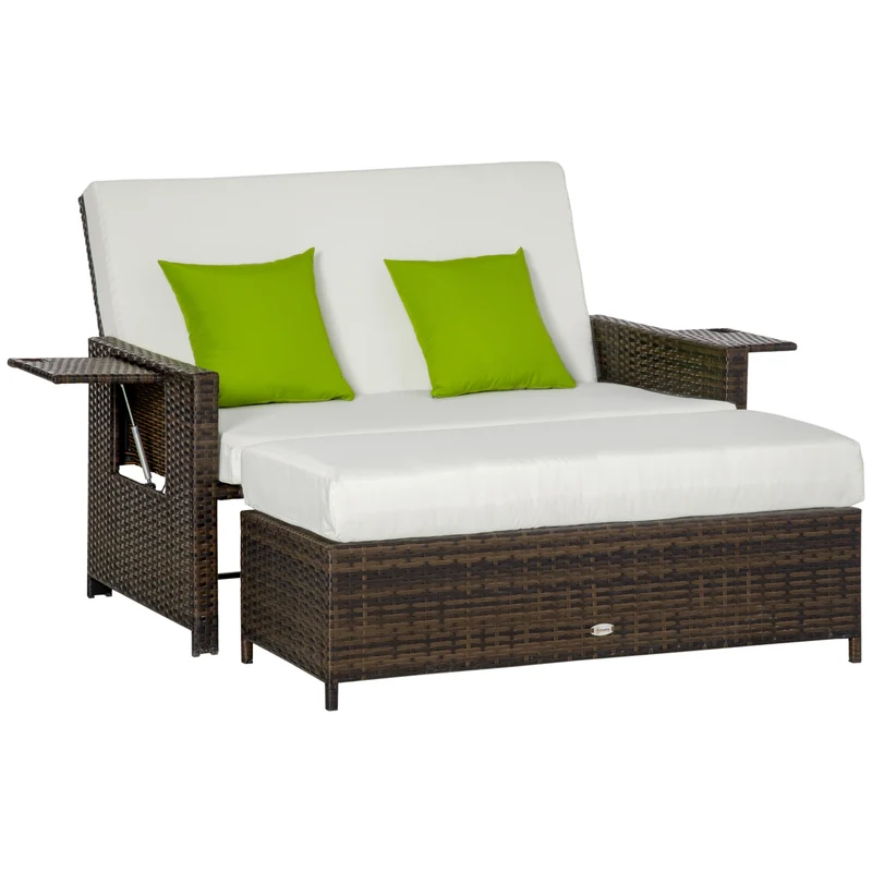 Outsunny Sofá de Ratán de 2 Plazas con Mesitas y Reposapiés de Almacenaje Tumbona de Jardín con Respaldo Inclinable y Cojines Gruesos Desenfundables 130x76x96 cm Marrón y Beige