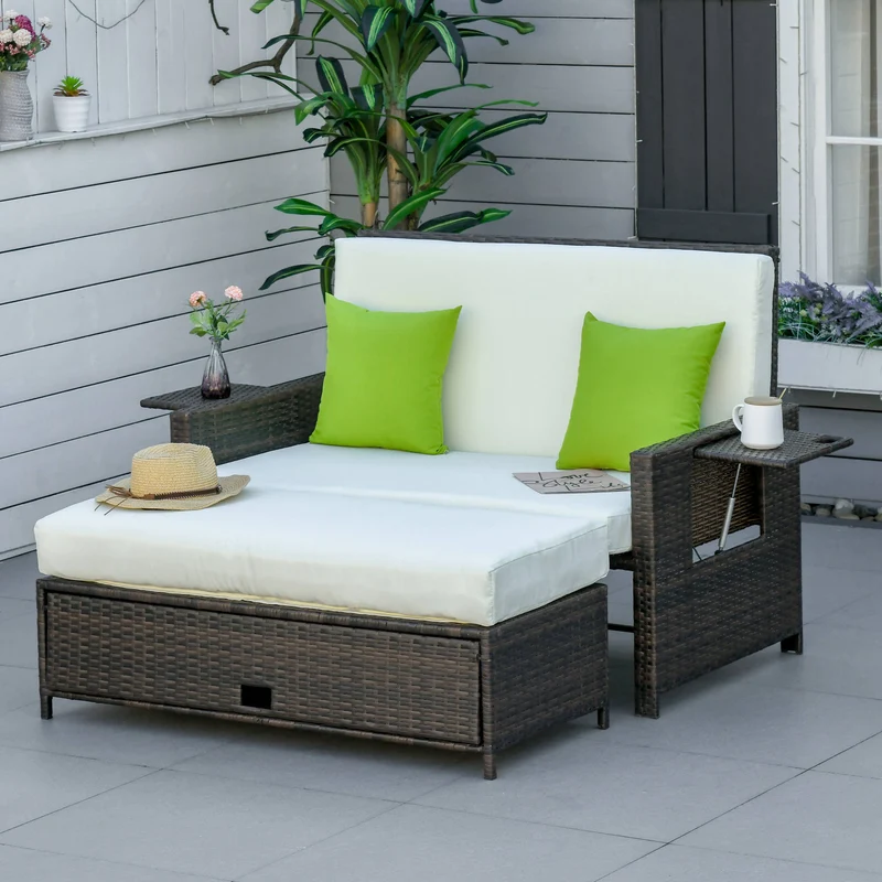 Outsunny Sofá de Ratán de 2 Plazas con Mesitas y Reposapiés de Almacenaje Tumbona de Jardín con Respaldo Inclinable y Cojines Gruesos Desenfundables 130x76x96 cm Marrón y Beige