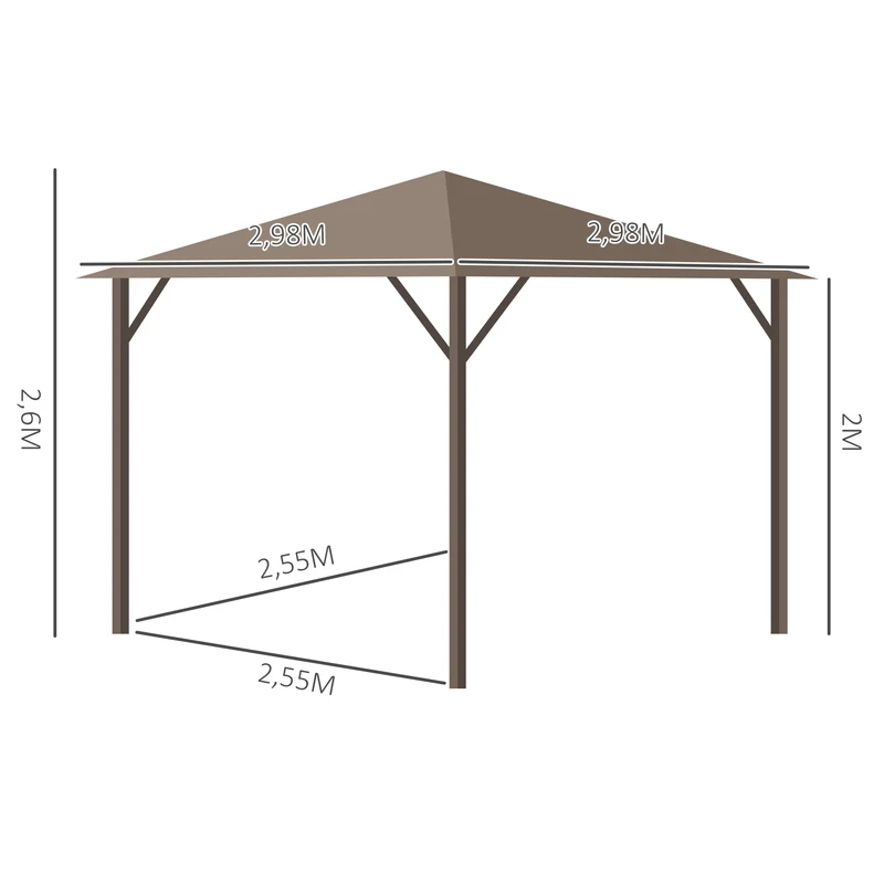 Outsunny Cenador de Jardín 3x3 m Marco de Aluminio con 4 Cortinas Laterales 4 Mosquiteras y Gancho para Lámpara Gazebo Pabellón para Exterior Patio Fiestas Marrón